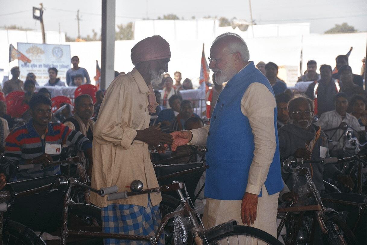 Hon'ble Prime Minister Shri Narendra Modi  distributed Assistive Aids and Devices to Divyangjan and Senior Citizens under ADIP and Rashtriya  Vayoshri  Yojana in a distribution camp conducted by ALIMCO  in association with District Administration in Varanasi on 19 Feburary, 2019.